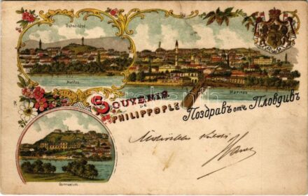 1899 (Vorläufer) Plovdiv, Philippople, Philippopolis; Sahat-tépé, Maritza, Gymnasium / general view, grammar school, coat of arms. Art Nouveau, floral, litho (r)