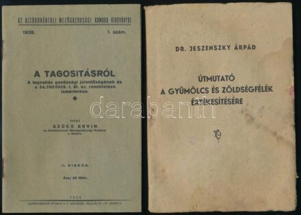 Jeszenszky Árpád: Útmutató a gyümölcs és zöldségfélék értékesítésre. Bp.,én., M. Kir. Földmívelésügyi Minisztérium. Fekete-fehér fotókkal. Kiadói papírkötés, foltos, rossz állapotban. + Szücs Ervin: A tagosításról. A
