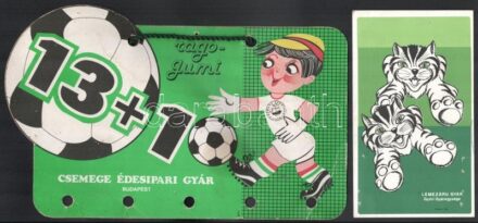 cca 1980 Vegyes reklám tétel, 2 db: 13+1 rágógumi, szétvált, Csemege Édesipari Gyár, Budapest, 28x16 cm; Lemezáru Gyár Győri Gyáregysége, reklám,[Szombathely], Sylvester J. -ny., 17x10 cm + 6 db különféle állatos papírfigura, egy