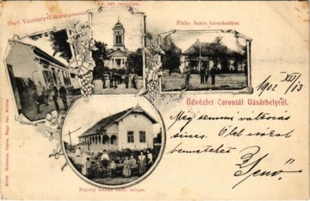 1902 Torontálvásárhely, Develák, Debelják, Debeljaca; Takarékpénztár, Református templom, Sepscy István szőlőtelepe, Plohn Samu üzlete. Heimann János kiadása / savings bank, Calvinist church, vineyard, shop of Plohn. Art Nouveau,