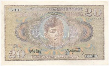 Jugoszlávia 1936. 20D 'C.1009 086' nyomdahibás, halovány nyomat T:I-,II Yugoslavia 1936. 20 Dinara 'C.1009 086' with faint print printing error C:AU,XF Krause P#30
