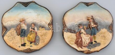 2db osztrák, festett terrakotta falikép, jelzés nélkül, kopott, 17x17cm