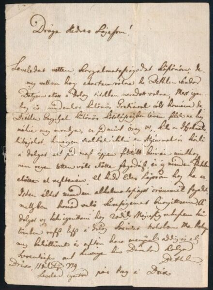 1779 Bethlen .. autográf levele, benne említések bátyáról Bethlen Gergelyről. Egy beírt oldallal