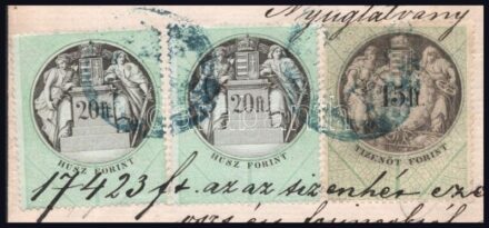 1869 Nyugtatvány az Andrássy Gyula grófnak eladott pesti városligeti földek vételárának kiegyenlítéséről sárga papírú 15Ft és 2 db fehér papírú 20Ft okmánybélyegekkel. Magas katalógus érték!!