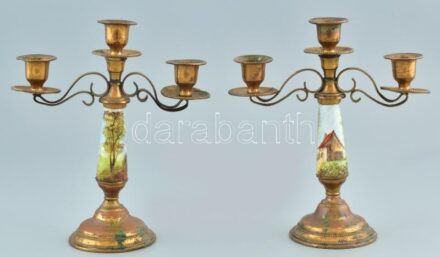 2 db porcelán betétes, réz gyertyatartó, kopott, jelzés nélkül, m:22cm
