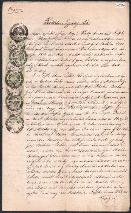 1857 Kolozsvári Perközbeni egyezség 2 x 8fl C.M, 5fl C.M. + 1fl C.M. + a belső oldalakon 2 x 15kr C.M. okmánybélyegekkel. Nagyon magas katalógus érték!!
