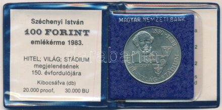 1983. 100Ft alpakka 'Széchenyi István' tokban, tanúsítvánnyal T:BU patina, az érmét tartó műanyag törött Adamo EM75