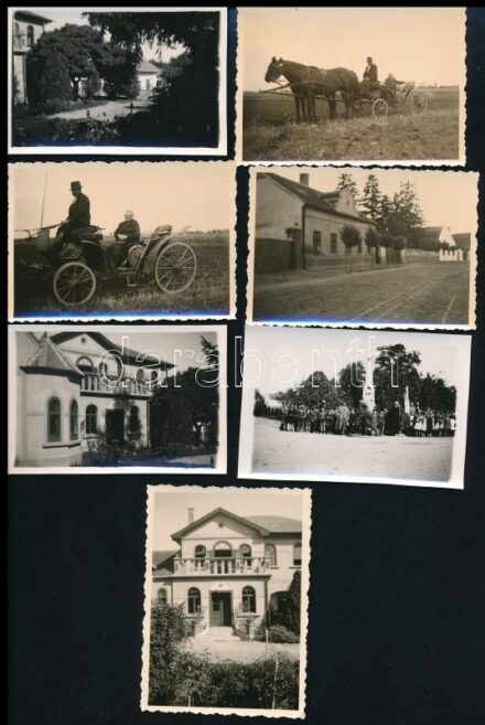 1941 7 db fotó feliratozva a Csorna melletti Kónyból (Burza kúria, Széchenyi staféta fogadása), jó állapotban, 6×9 cm