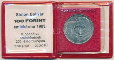 1983. 100Ft alpakka 'Simon Bolivár' műbőrtokban, tanúsítvánnyal T:BU ujjlenyomat, az érmét tartó műanyag középen törött Adamo EM73