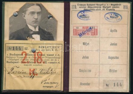1916 Fényképes bérletjegy a Budapest-szentlőrinci helyi érdekű villamosvasútra beragasztott jeggyel, szép állapotban