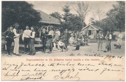 1904 Nagyszentmiklós, Sannicolau Mare; M. kir. földműves iskolai tanulók a telep részletén / agricultural farmer school, farmer students + 'SZEGED - ARAD 67. SZ.' vasúti mozgóposta bélyegző