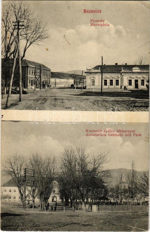 1915 Bozovics, Bozovici; Piactér, Hotel Brankovits, Kincstári épület sétánnyal. Spärger kiadása / marketplace, hotel, treasury building with promenade (EK)