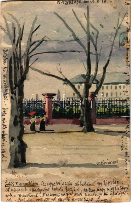 1902 Nagyvárad, Oradea; Hadapródiskola. kézzel festett művészlap / K.u.K. military cadet school. hand-painted art postcard (vágott / cut)