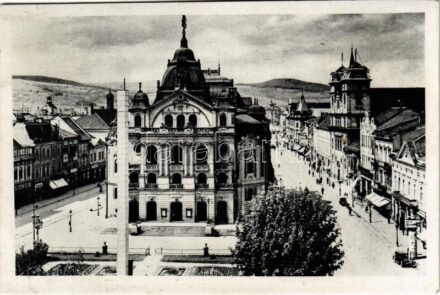 1938 Kassa, Kosice; Stefánikova ul. a divadlo / Stefánik utca, Színház, üzletek / street view, theatre, shops + '1938 Kassa visszatért' So. Stpl. (EK)
