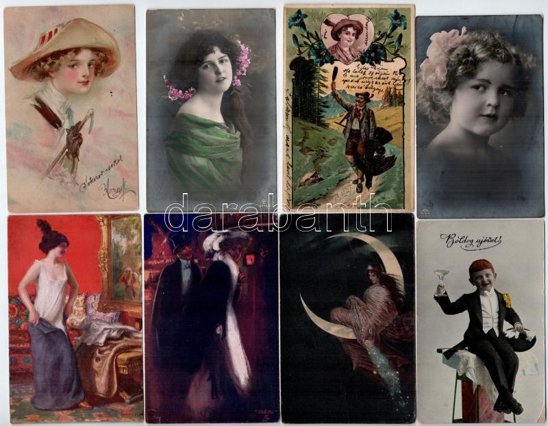 61 db RÉGI motívum képeslap vegyes minőségben: hölgyek, gyerekek, lithok / 61 pre-1945 motive postcards in mixed quality: ladies, children, lithos