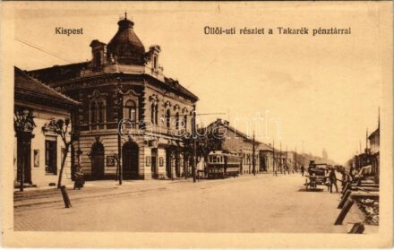 Budapest XIX. Kispest, Üllői út, Takarékpénztár, villamos, Stefány Ede nagyvendéglője és kávéháza (EK)
