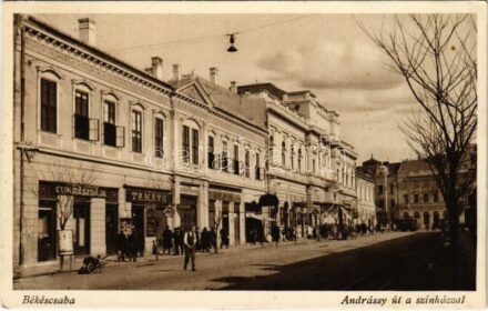 Békéscsaba, Andrássy út a színházzal, Lédig Károly cukrászdája, Takáts üzlete