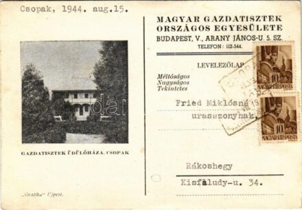 1944 Csopak, Magyar Gazdatisztek Országos Egyesülete Gazdatisztek üdülőháza + 'P.U. Levélszekrényből' (EK)