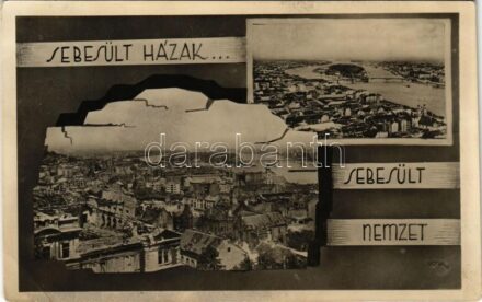 1945 Budapest, budai részlet 'Sebesült házak...sebesült nemzet', 'Újjáépítjük Magyarországot' Magyar Újjáépítési Minisztérium engedélyével a Magyar Központi Híradó Rt. propaganda lapja - Margit hidat pótló Manci híd (EK)