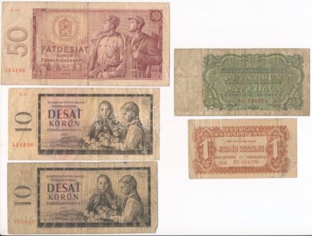 Csehszlovákia 1944. 1K + 1960. 10K (2x) + 1961. 5K + 1964. 50K T:III,III- köztük tintafolt, lyukak Czechoslovakia 1944. 1 Korun + 1960. 10 Korun (2x) + 1961. 5 Korun + 1964. 50 Korun C:F,VG ink spots, holes