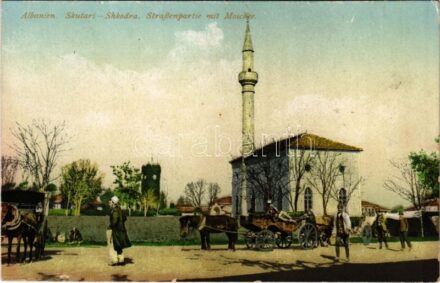Shkoder, Shkodra, Scutari, Skutari; Strassenpartie mit Moschee / street, mosque (fl)