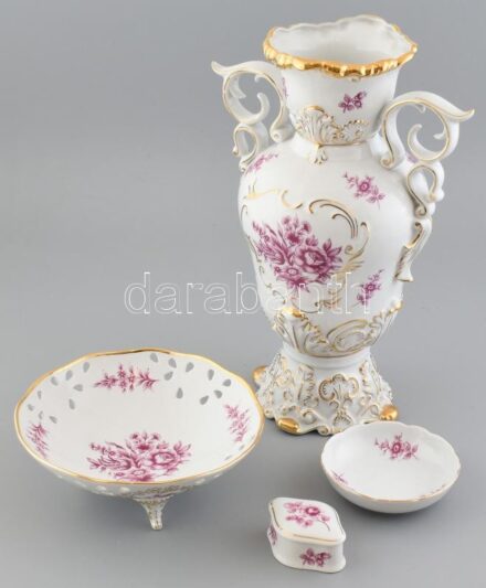 Hollóházi lila virágmintás, matricás porcelán váza 35cm, kínálótálka 2db d:12-20cm, bonbonnier 8x6cm, kopott, jelzett.