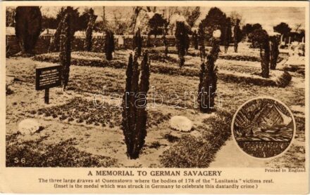 WWI A Memorial to German Savagery. The three large graves at Queenstown where the bodies of 178 of the 'Lusitania' victims rest (Inset is the medal which was struck in Germany to celebrate this dastardly crime) (EK)