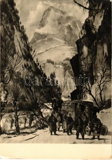 Polizei bei Marschpause im Gebirge. Ausstellung Deutsche Künstler und die SS / WWII German military art postcard, NSDAP German Nazi Party propaganda s: Walter Möbius (EK)