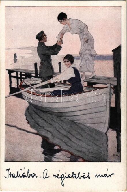 Heimaturlaub. Kriegspostkarten von B. Wennerberg Nr. 12. / WWI German military art postcard, officer with ladies s: B.W. (EK)
