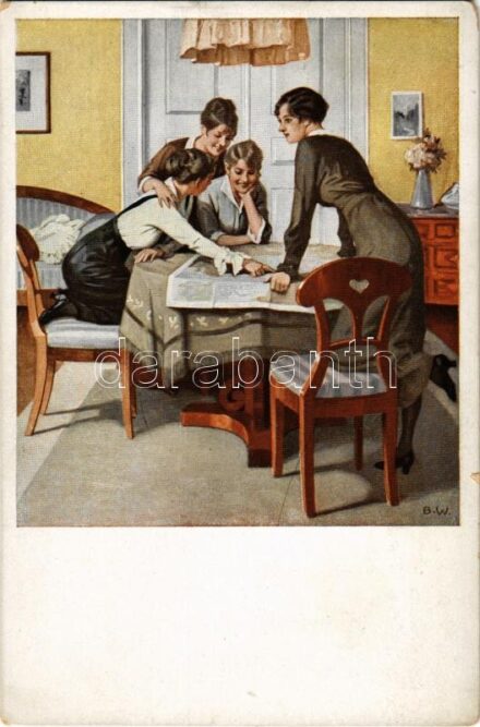 Strategie. Kriegspostkarten von B. Wennerberg Nr. 6. / WWI German military art postcard, ladies with map s: B.W. (EM)