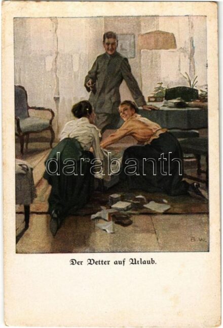 Der Vetter auf Urlaub. Wennerberg-Kriegspostkarte der Lustigen Blätter Nr. 11. / WWI German military art postcard s: B.W. (kopott sarkak / worn corners)