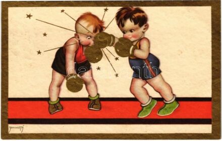 1930 Olasz művészlap, Ökölvívó gyerekek / Italian art postcard, children's box match, sport. Degami 2203. (fl)