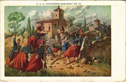 1913 Schuh János ezredünk szakaszvezetője a Solferinói csatában 1859. június 24-én vakmerő támadásával megment egy ágyút / K.u.K. Infanterie-Regiment Nr. 48. / Austro-Hungarian K.u.K. military art postcard, Battle of Solferino (kopott