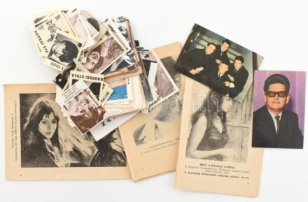 cca 1950-1960 Vegyes színészekkel, színésznőkkel, filmekkel kapcsolatos nyomtatványok, gyűjtő kártyák, ...stb, rajta az arcképeikkel. Különféle méretben, változó állapotban.