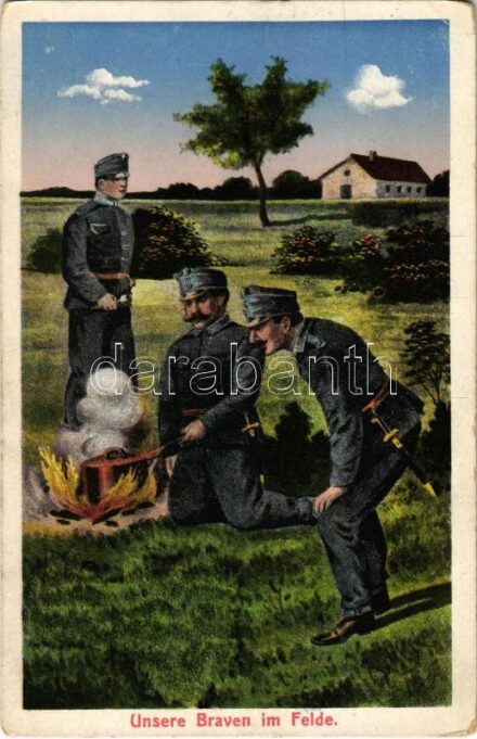 1916 Unsere Braven im Felde / WWI Austro-Hungarian K.u.K. military art postcard, soldiers on the field. M.M.S.W. III/2. + 'K.u.K. Etappenstationskommando' (EK)