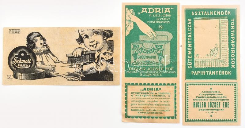 Vegyes számolócédula tétel, 3 db: Rigler József Ede Papirnemügyár, 2 db, Schmoll Pasta, közte egy foltos, hajtott, a hátoldalakon bejegyzésekkel, 14x7 cm és 13x7 cm