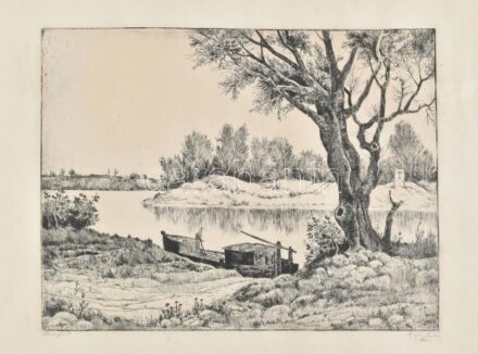 Gácsi Mihály (1926-1987): Tiszapart. Rézkarc, papír, jelzett. Lapszéli törésnyomokkal, apró foltokkal, 29×39 cm