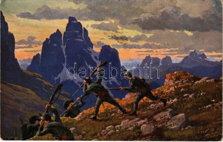 Im Kampf um Tirol. 'Ein kritischer Augenblick' / WWI Austro-Hungarian K.u.K. military art postcard, mountain troops fighting the Italians in Tyrol (EK)