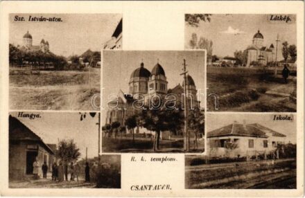 Csantavér, Cantavir; Római katolikus templom, iskola, Szt. István utca, Hangya üzlete / church, school, street, shop