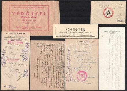 cca 1943-1944 Vegyes orvosi vény, 4 db: Toponár, Kelemen János, Keszthely, Jobs Viktor, Jolsva, Demeter Géza, Tapolca, Sztrama János. + Toponár, Gáspár Géza Három Király Gyógyszertárának recept borítékja, 7x11 cm.; + 'Országos