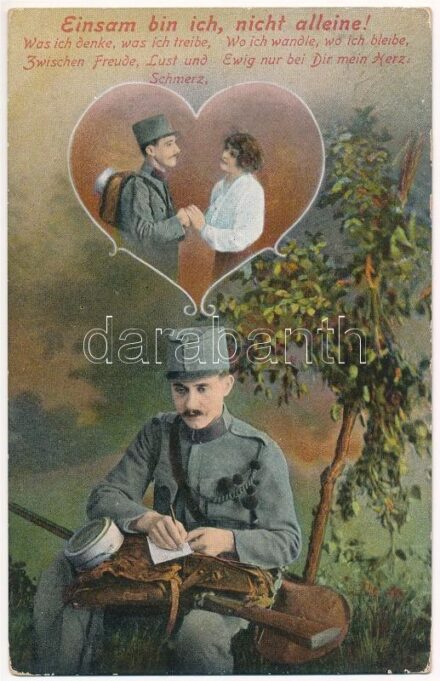 1916 Einsam bin ich, nicht alleine! / WWI Austro-Hungarian K.u.K. military art postcard, romantic couple (ázott / wet damage)
