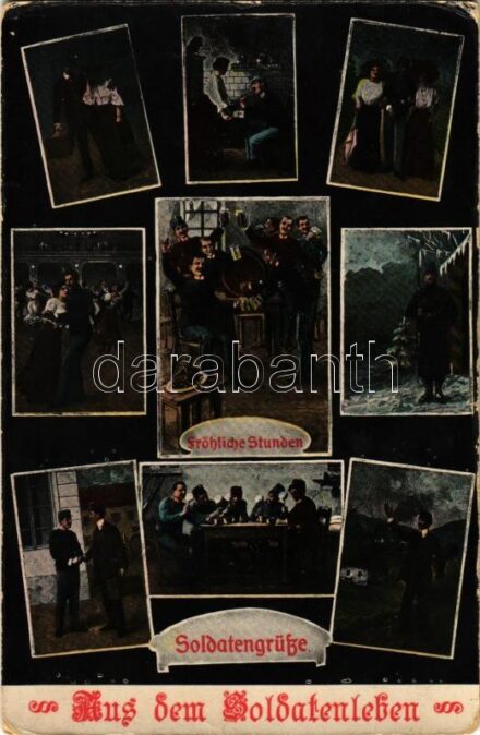 1916 Aus dem Soldatenleben. Fröhliche Studenten, Soldatengrüße / WWI Austro-Hungarian K.u.K. military art postcard, from the soldier's life (kopott sarkak / worn corners)