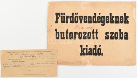 cca 1946 'Fürdővendégeknek butorozott szoba kiadó', hirdetés, nyomtatvány, hajtott, foltos, 21x31 cm + Igazolószelvény a szállásadó részére a bejelentés teljesítéséről.
