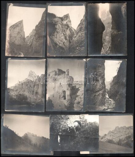 1906 Murányi vár/Trencsén és környéke a Tátra hegyeivel, 8 db hátoldalán feliratozott vintage fotó, Vigyázó János (1888-1962), a A Magyar Turista Szövetség későbbi társelnöke felvételei, egyik a hátoldalán jelzett, részben