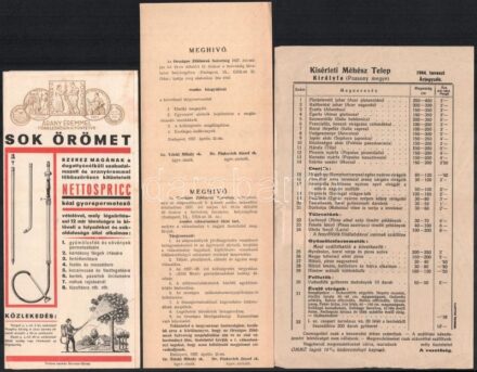 cca 1934 - 1960 Vegyes prospektus tétel, 4 db, változó állapotban: cca 1934 Nettospricc kézi gyorspermetező kihajtható prospektus. Soroksár-Ujtelep, Fortuna-ny.; 1937 Országos Zöldmező Szövetség alapszabályai. Bp., 1937,