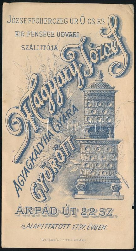 Magyary József Agyagkályha Gyára Győr számolócédula, kis szakadással