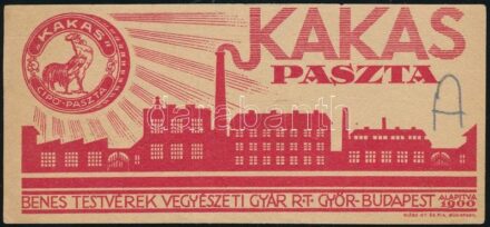 Kakas paszta (Benes Testvérek Vegyészeti Gyár Győr) számolócédula