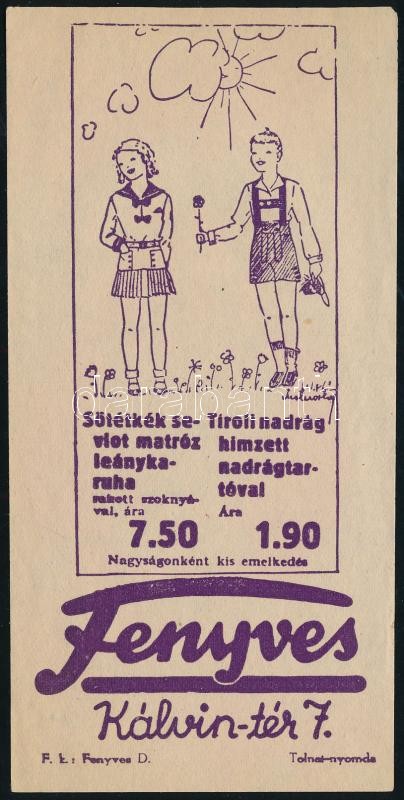 Fenyves Kálvin tér ruhaüzlet számolócédula