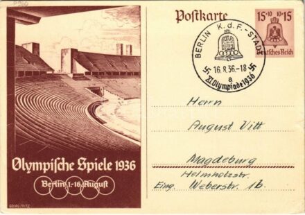 1936 Olympische Spiele Berlin / XI Olympiad / Summer Olympics, Olympic Games in Berlin; 10+15 Ga. s: Georg Fritz + 'Berlin K.d.F.-Stadt XI. Olympiade 1936' So. Stpl. (kis szakadás / small tear)