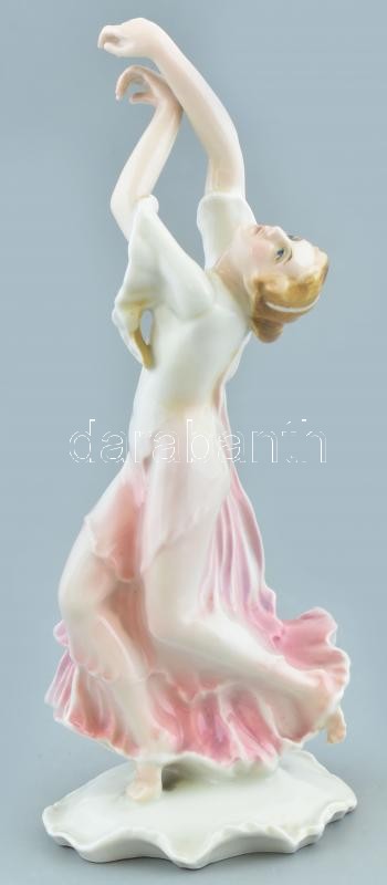 Ens porcelán táncos nő fogura. Kézzel festett, jelzett, hibátlan. m: 23 cm